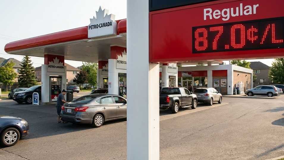Cheap gas prices 87 cents per litre at a Canadian gas station
