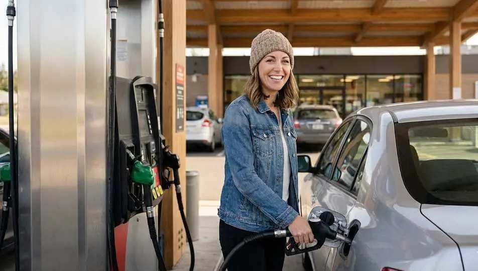 Driver filling car with cheap gas at 87 cents per litre