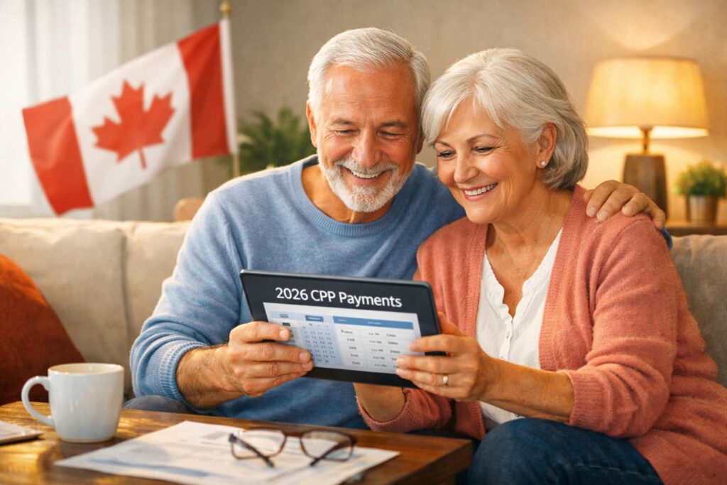 Happy Canadian senior couple reviewing 2026 CPP payments schedule