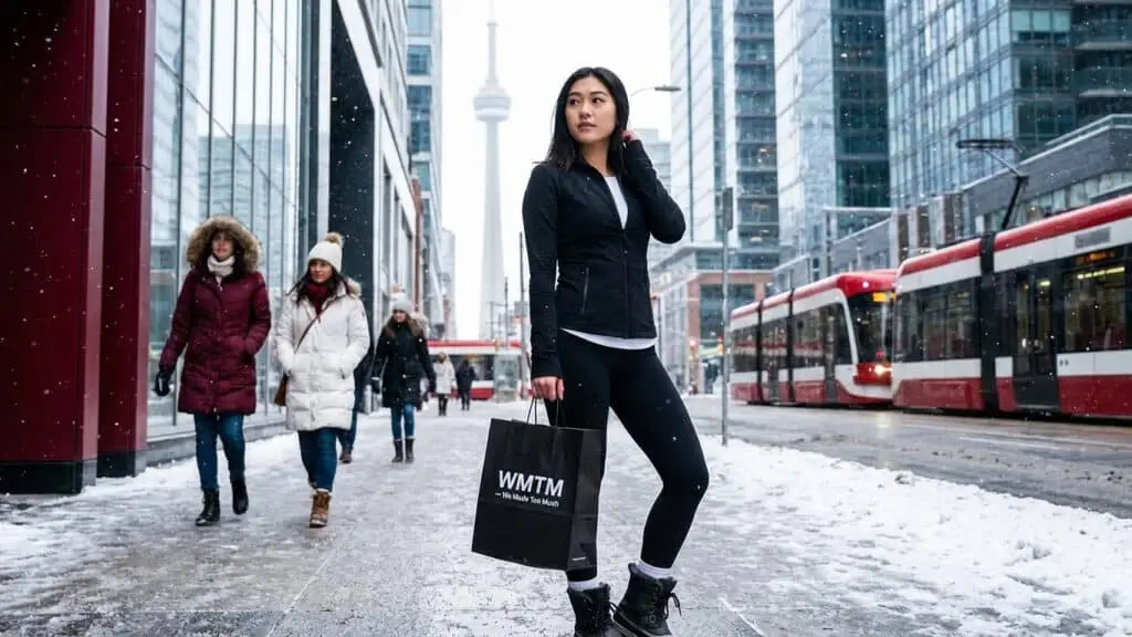 Lululemon Canada We Made Too Much sale items displayed with discount tags and maple leaf accents in a minimalist premium style