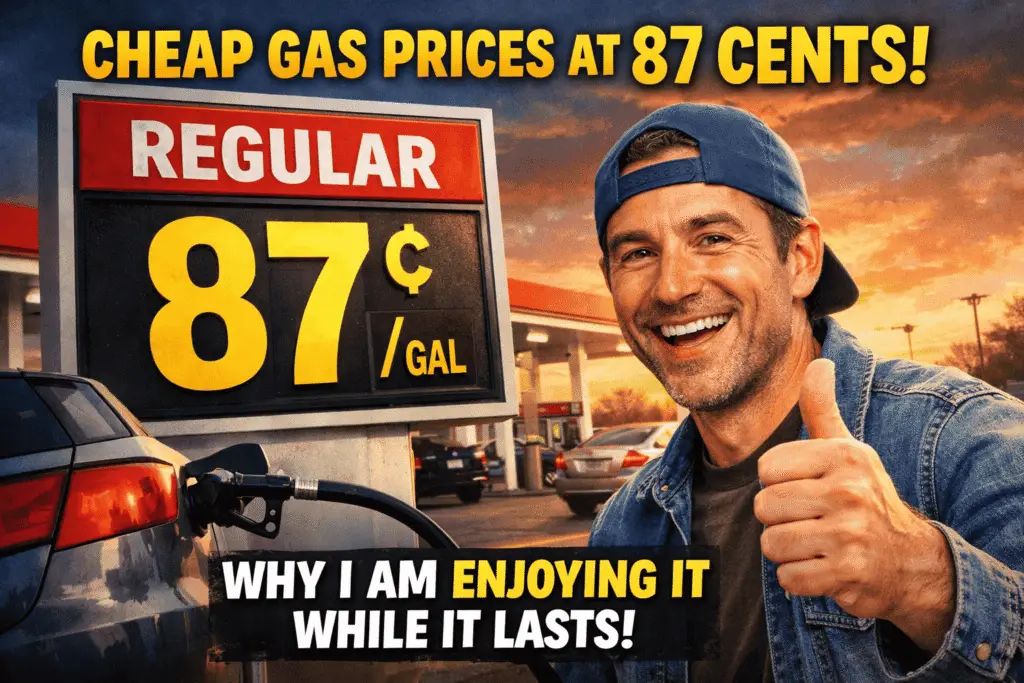 Smiling man giving a thumbs-up at a gas station with a large sign showing gas price 87¢ per gallon, bright yellow and red text reading 'CHEAP GAS PRICES AT 87 CENTS! WHY I AM ENJOYING IT WHILE IT LASTS!', vibrant sunset background, car being refueled