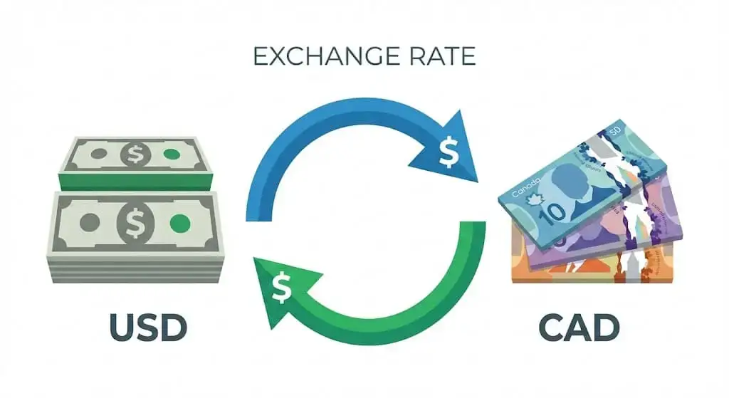 475 USD to CAD currency exchange showing US dollar and Canadian dollar notes