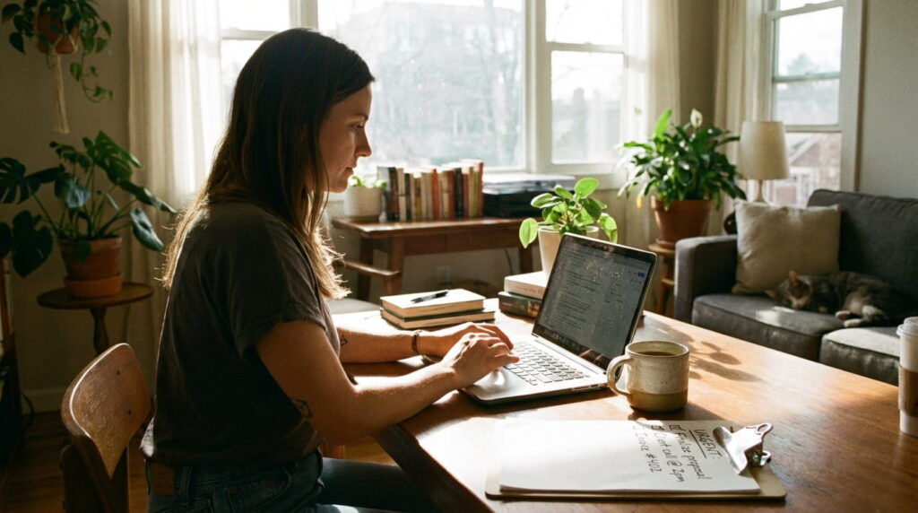 Freelancer working on a laptop at home with a coffee mug and task checklist