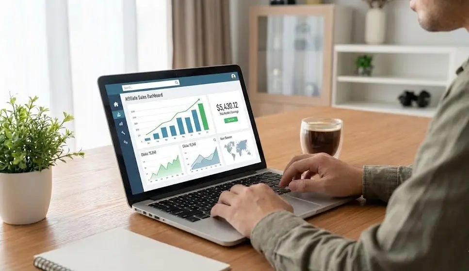 
Affiliate marketer in Canada tracking online earnings on laptop