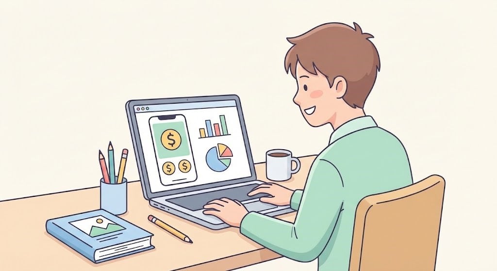 Beginner working on a laptop to create a money app without coding