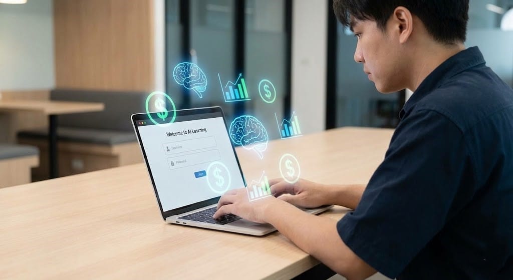 Beginner learning how to make money with AI using a laptop