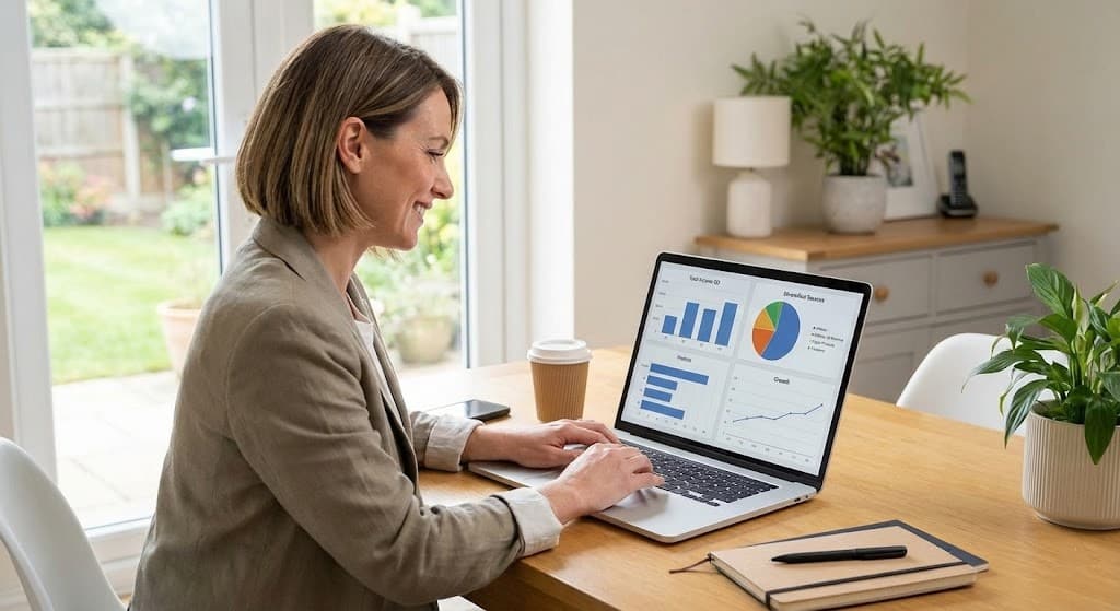 Professional blogger working on a laptop with charts showing diversified online income sources