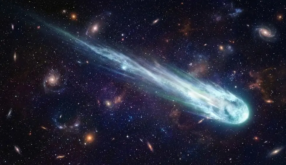 Comet 3i Atlas glowing with bright tail in deep space