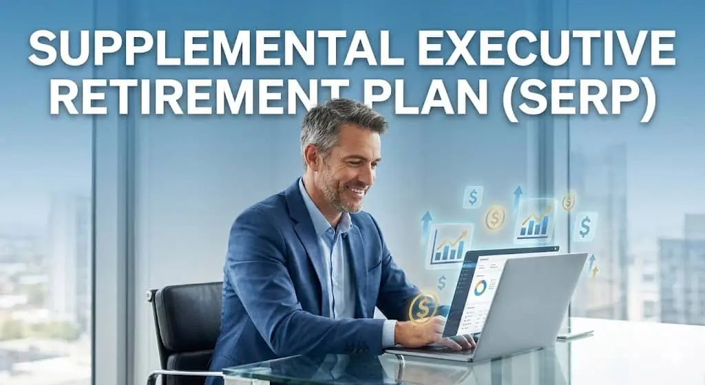 Confident business executive reviewing supplemental executive retirement plan documents on laptop in modern office with financial icons and charts in background