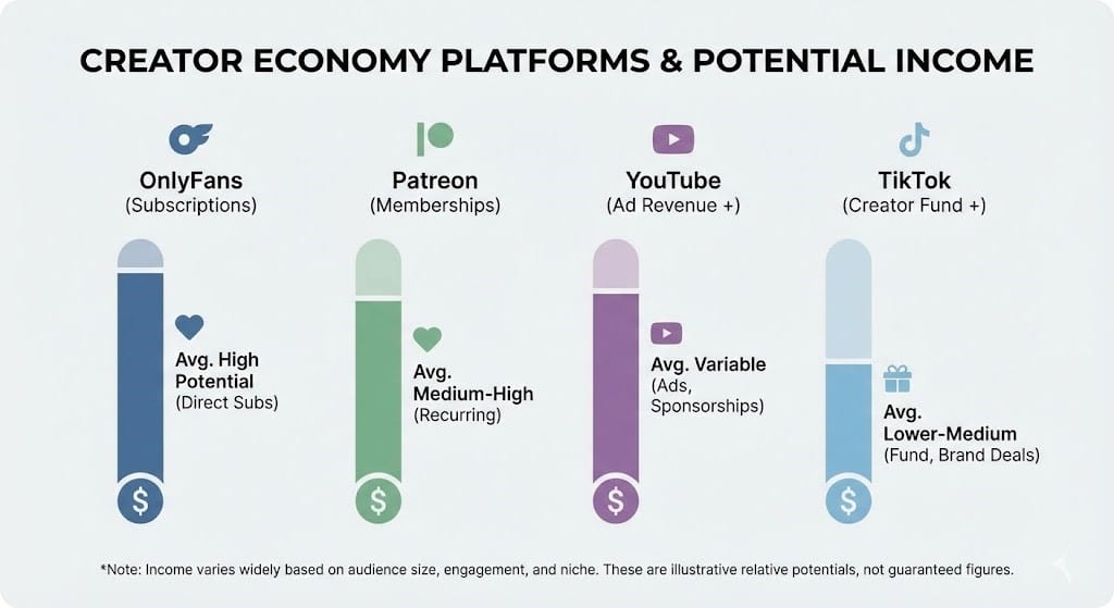 Infographic showing creator economy platforms like OnlyFans, Patreon, YouTube, and TikTok with average income comparison