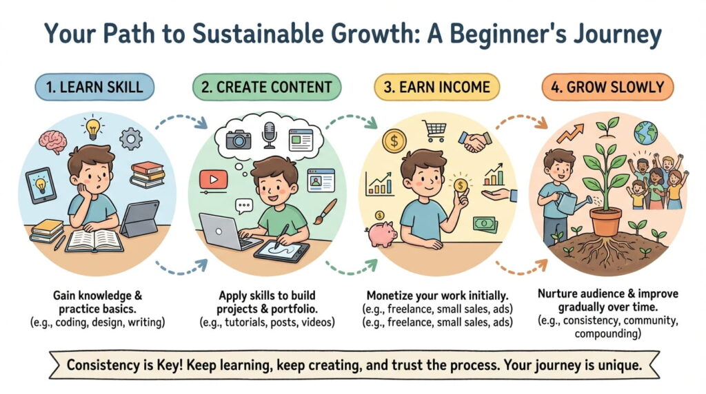 Infographic showing steps to build smart income from learning skills to earning online