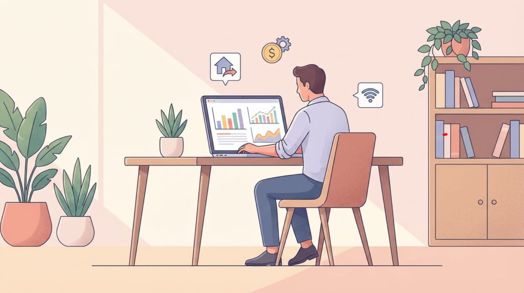 Person using a laptop with charts and passive income icons in a calm home workspace