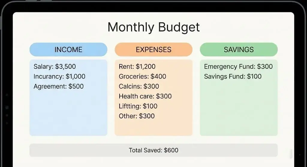 monthly budget sheet showing income expenses and savings