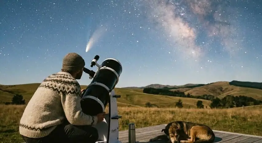 Person observing comet 3i Atlas through a telescope at night