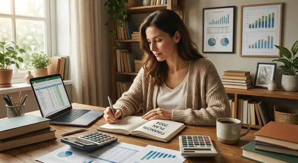 person planning personal finance skills with budget notebook and calculator