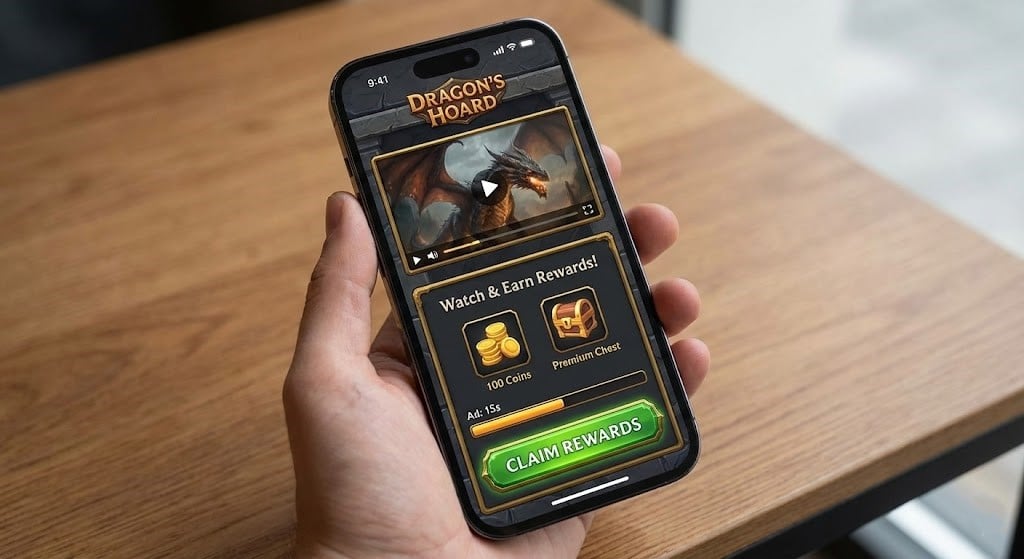Rewarded video ad shown inside a free mobile app