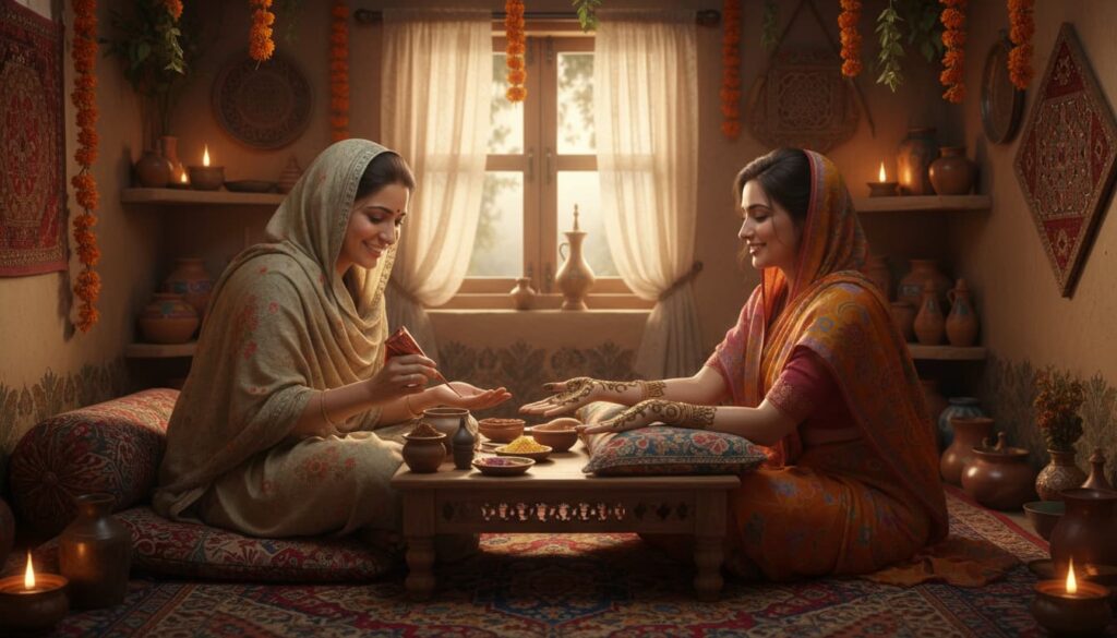 Village woman applying henna at home for clients