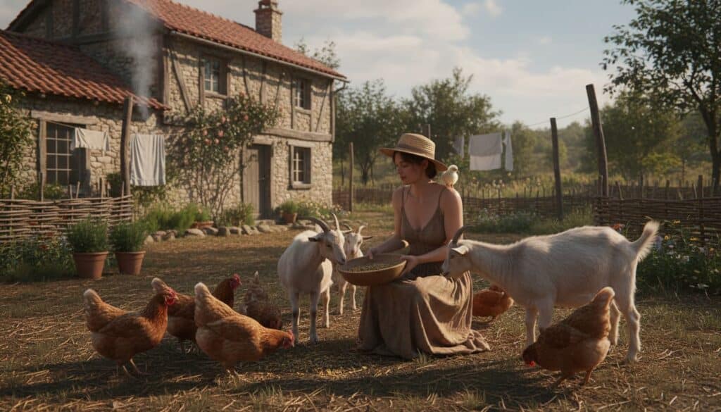 Village woman feeding chickens and goats at home