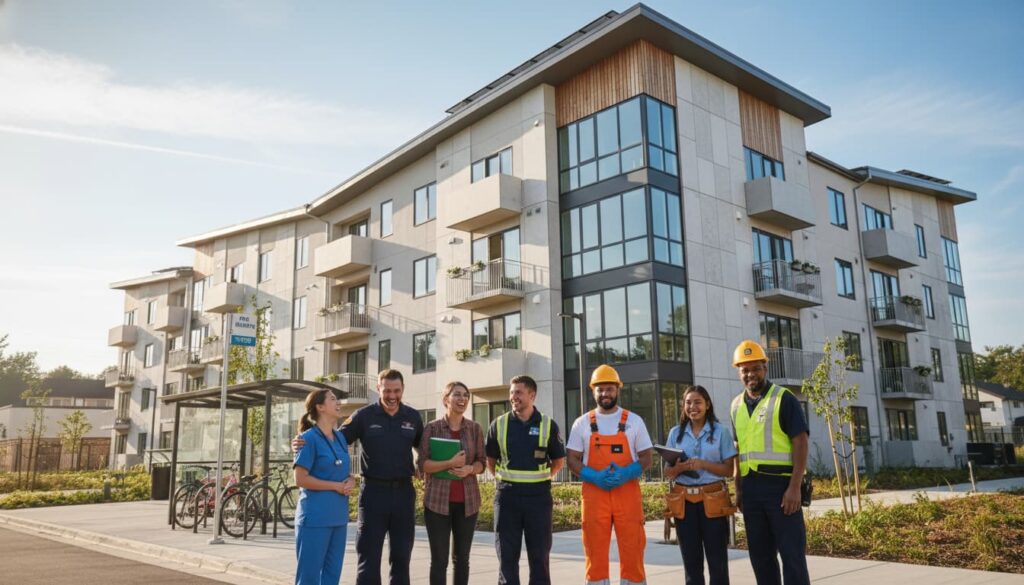 Essential workers standing outside essential housing apartments