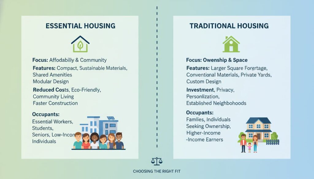 Essential housing compared with traditional affordable housing