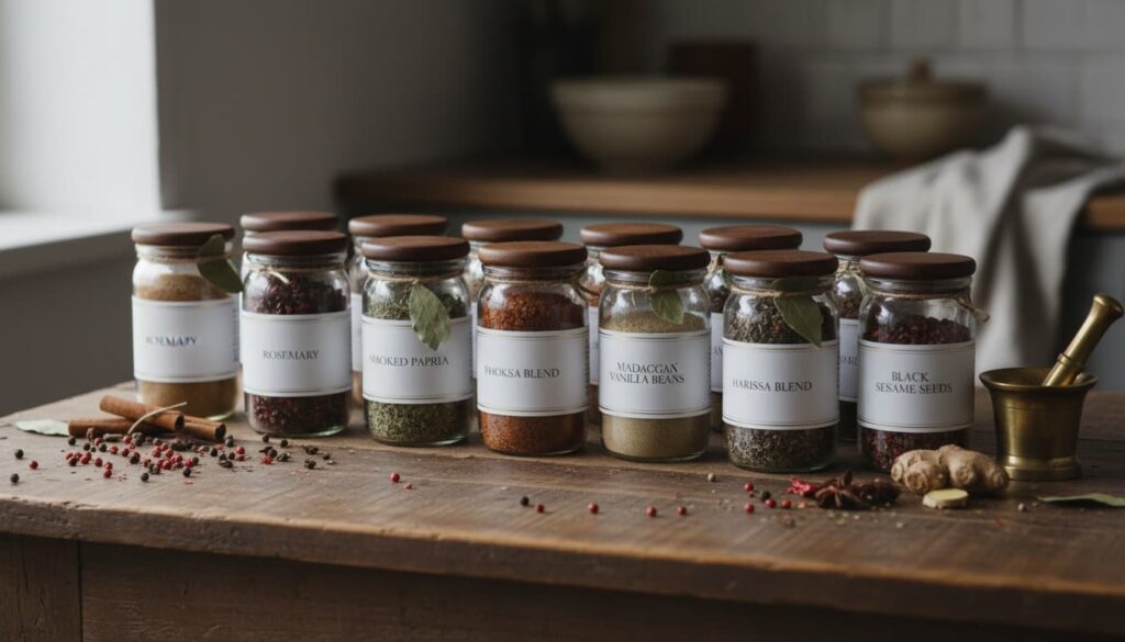 Premium packaged spices and seasoning jars displayed as high profit margin food products