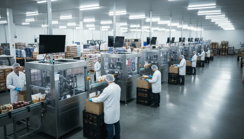 Modern food manufacturing factory floor showing packaging process and production line during margin pressure in food sector