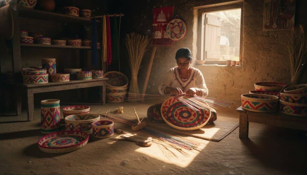 Village woman weaving handmade baskets at home