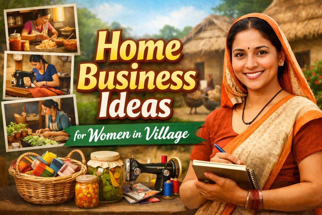 Home Business Ideas for Women in Village showing a rural woman running a home-based business