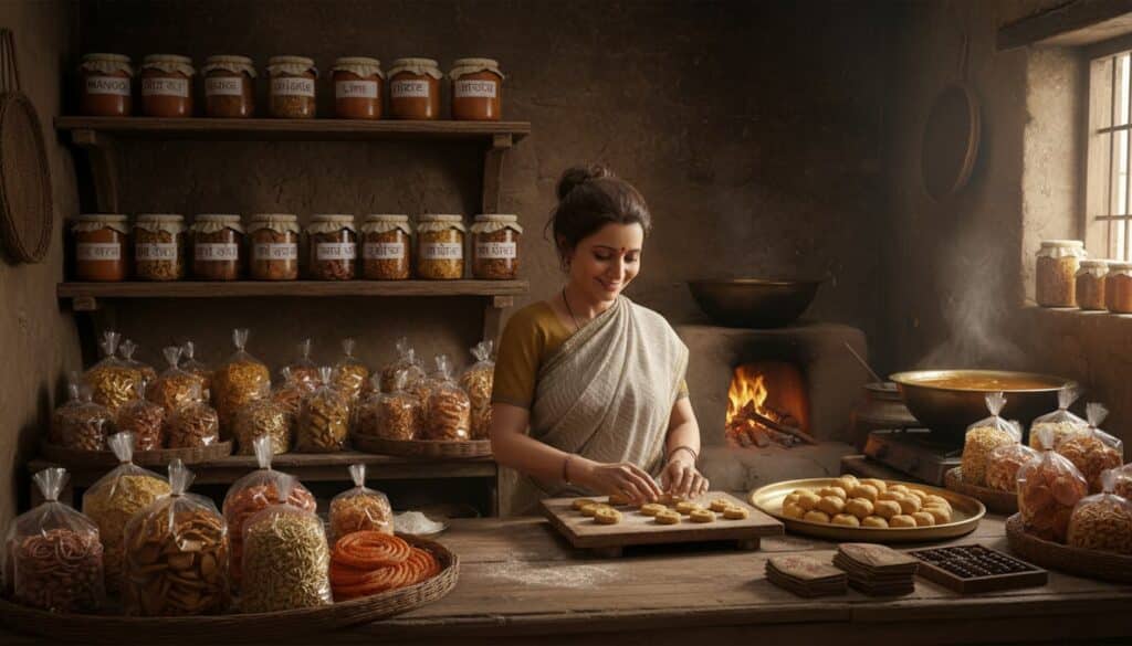 Village woman preparing homemade food items to sell from home