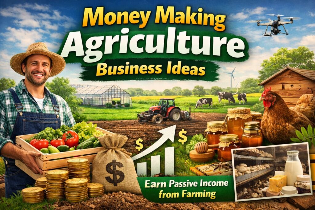 Smiling farmer holding fresh vegetables with farm, cows, honey jars, chicken, and a tractor in the background, representing profitable agriculture business ideas and passive income from farming