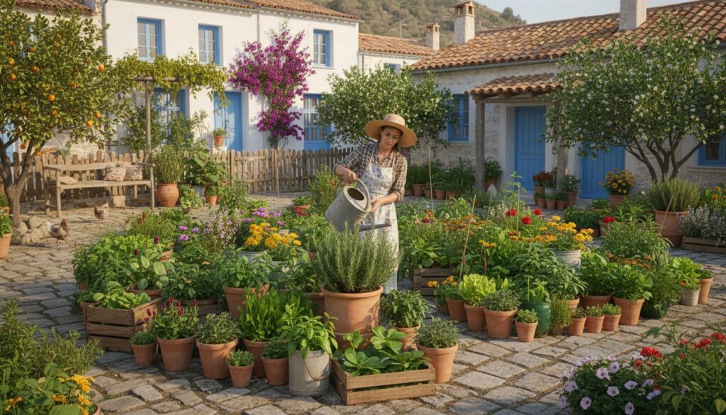Village woman watering plants in home garden for business