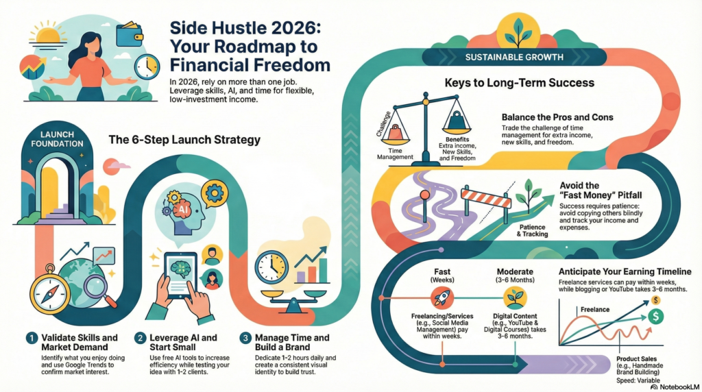 Visual roadmap showing the 6-step launch strategy for starting a side hustle in 2026 with AI tools, time management, and earning timeline