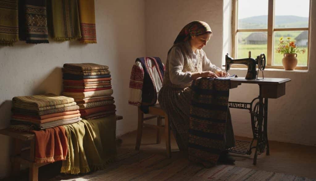 Village woman stitching clothes at home using sewing machine
