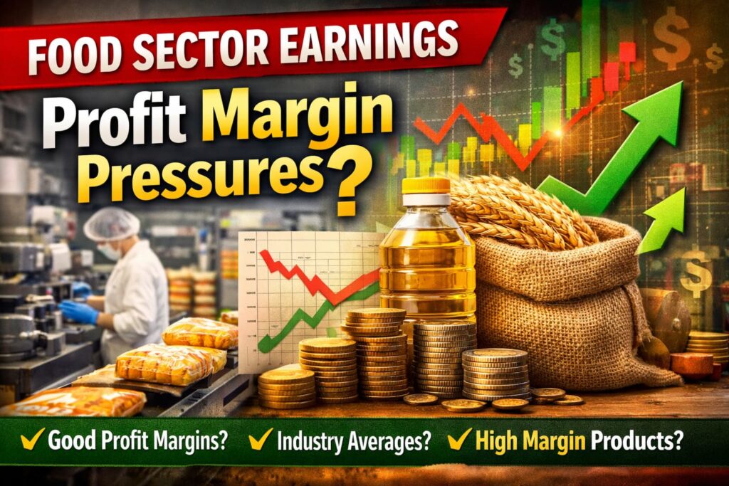 Food sector earnings guidance margin pressures with food manufacturing factory, profit chart, wheat, oil bottle and coins representing food industry profit margins