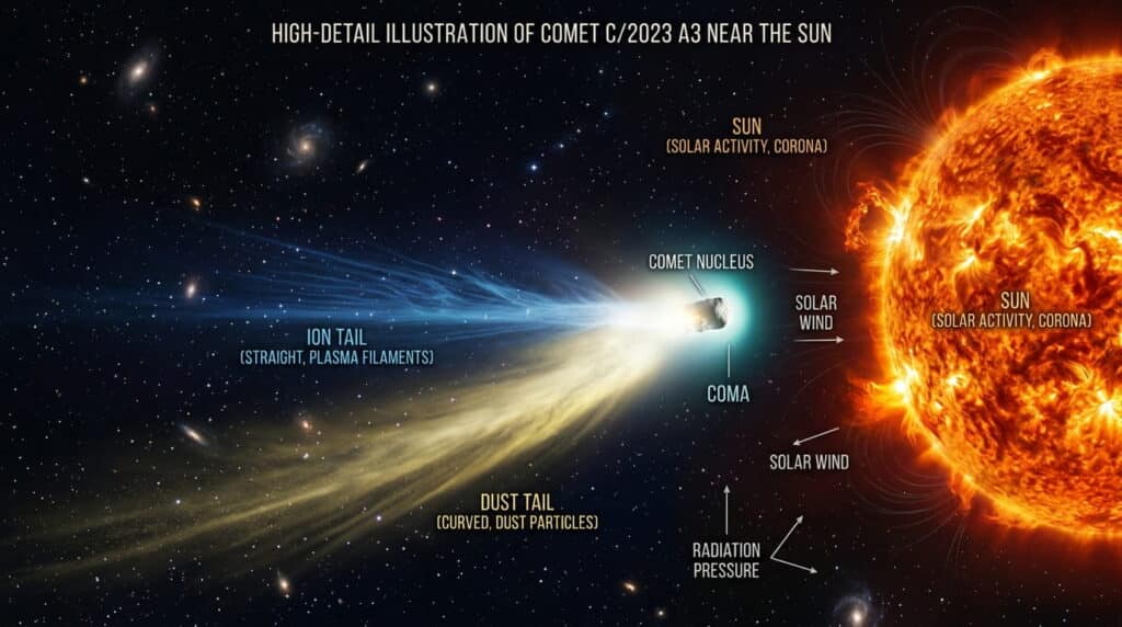 Interstellar comet 3I ATLAS close to the Sun with glowing gas and dust tail