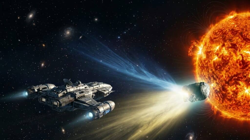 Futuristic spacecraft approaching interstellar comet 3I ATLAS in deep space