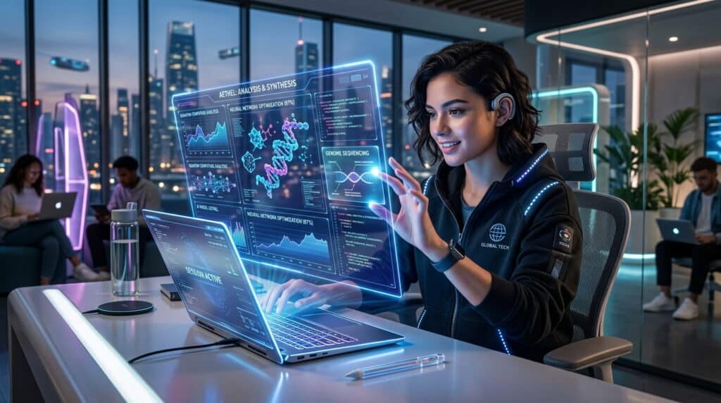 student using futuristic laptop with AI technology interface