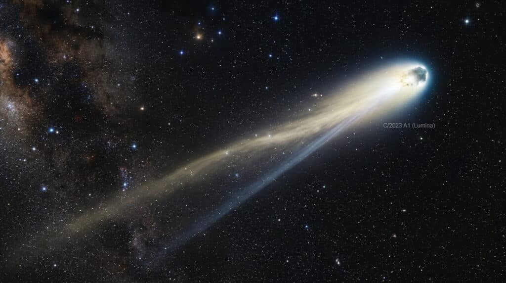 Interstellar comet 3I ATLAS glowing in deep space with stars in the background