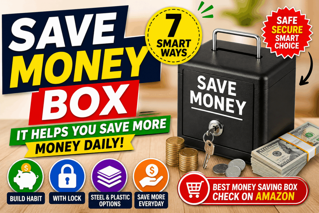 save money box with lock and cash showing daily savings and smart money habit