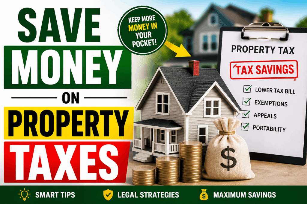 Save money on property taxes concept with house model, tax document, and savings icons