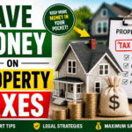 Save money on property taxes concept with house model, tax document, and savings icons